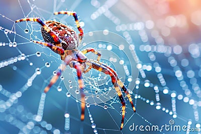 Detailed macro capture of a spider positioned at the center of its intricate web Stock Photo