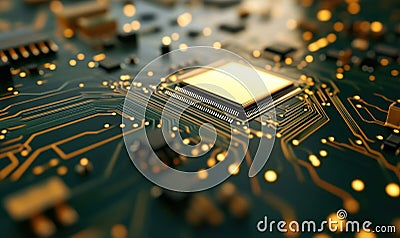 Detailed Macro Closeup of Circuit Board with Intricate Pathways and Components Cartoon Illustration