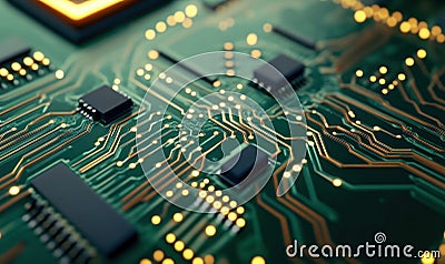Detailed Macro Closeup of Circuit Board with Intricate Pathways and Components Cartoon Illustration