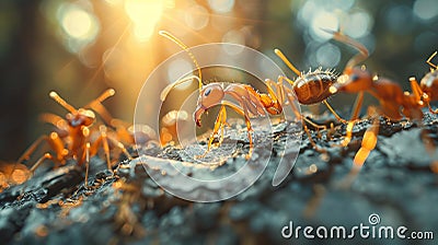Detailed macro image of ants devouring a deceased ant in the lush forest habitat Stock Photo