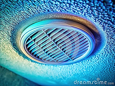 Detailed Macro View of a Pristine Plasterboard Soffit Vent with Vapor Ring Ensuring Clean Airflow and Energy Efficiency Stock Photo