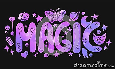 Detailed magic lettering print with different boho elements Vector Illustration