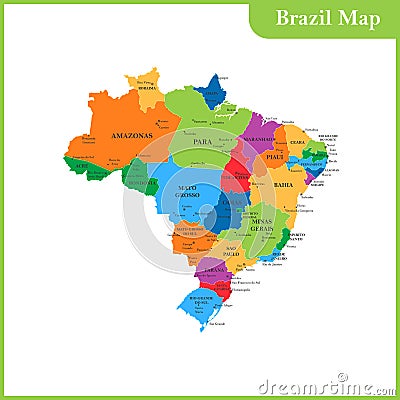 The detailed map of the Brazil with regions or states and cities Vector Illustration