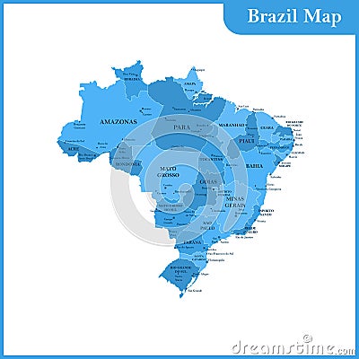 The detailed map of the Brazil with regions or states and cities Vector Illustration