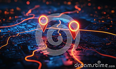 A detailed map displaying a specific location marked with two vibrant pins, symbolizing the starting and destination points in a Stock Photo