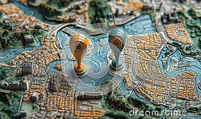 A detailed map displaying a specific location marked with two vibrant pins, symbolizing the starting and destination points in a Stock Photo