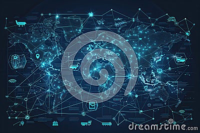 This detailed map displays global transportation routes with icons representing various transport modes, connecting key Stock Photo