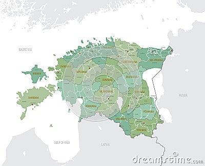 Detailed map of Estonia, with administrative divisions into Counties and Parishes or municipalities, major cities of the country, Vector Illustration