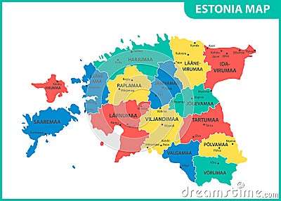 The detailed map of Estonia with regions or states and cities, capital. Administrative division Vector Illustration