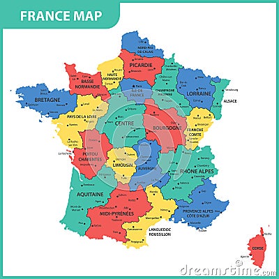 The detailed map of the France with regions or states and cities, capital Vector Illustration