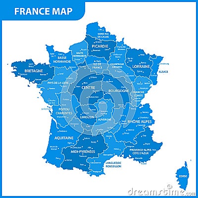 The detailed map of the France with regions or states and cities, capital Vector Illustration