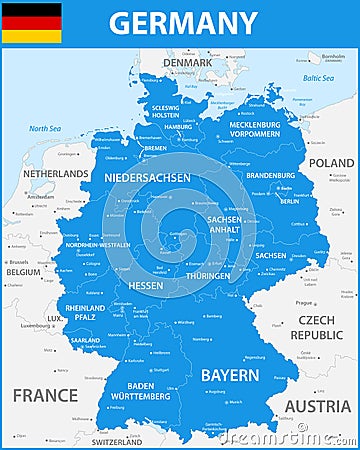 The detailed map of the Germany with regions or states and cities, capitals. Vector Illustration