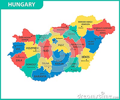 The detailed map of Hungary with regions or states and cities, capital. Administrative division Vector Illustration