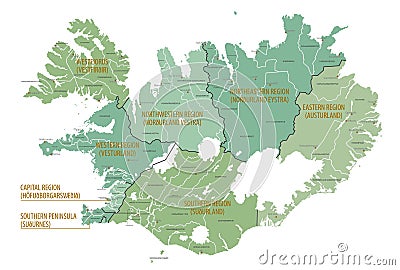 Detailed map of Iceland with administrative divisions into Regions and Municipalities, major cities of the country, vector Vector Illustration