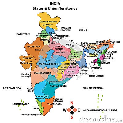 Detailed Map of India Vector Illustration