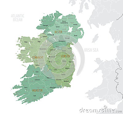 Detailed map of Ireland with administrative divisions into provinces and counties, major cities of the country, vector Vector Illustration