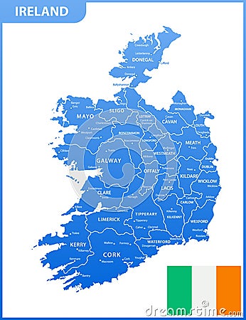 The detailed map of the Ireland with regions or states and cities, capitals, national flag Vector Illustration