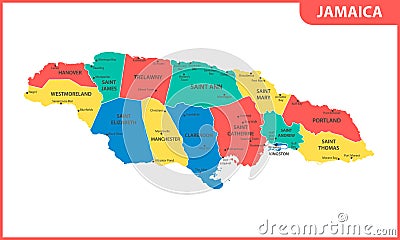 The detailed map of Jamaica with regions or states and cities, capital. Administrative division. Vector Illustration