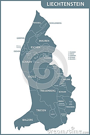 The detailed map of Liechtenstein with regions or states. Administrative division Vector Illustration