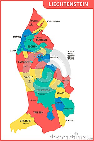 The detailed map of Liechtenstein with regions or states and cities, capitals. Administrative division Vector Illustration