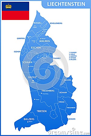 The detailed map of Liechtenstein with regions or states and cities, capitals. Administrative division Vector Illustration