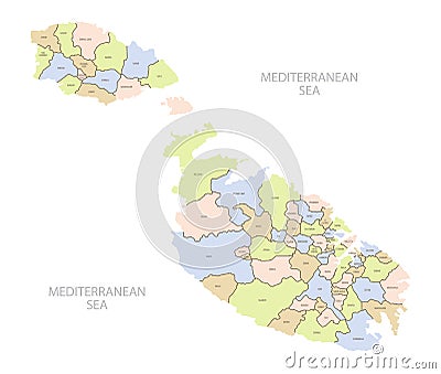 Detailed map of location of Malta in Europe with the administrative divisions of country, vector illustration Vector Illustration