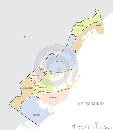 Detailed map of location of Monaco in Europe with the administrative divisions of country, city-state on French Riviera, vector Vector Illustration