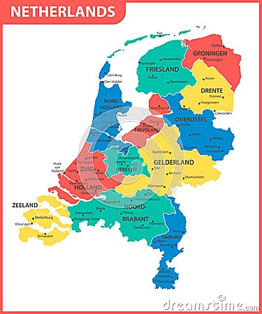 The detailed map of Netherlands with regions or states and cities, capital. Administrative division. Vector Illustration