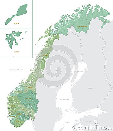 Detailed map of Norway with administrative divisions into Counties and municipalities and Dependent territory, major cities of Vector Illustration