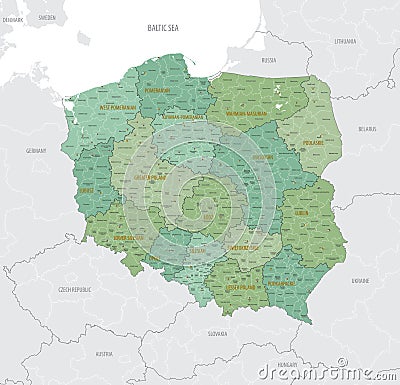 Detailed map of Poland with administrative divisions into 16 provinces voivodeships and counties powiats, major cities of the Vector Illustration