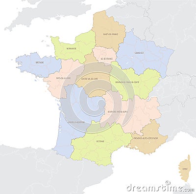 Detailed map position of France in Europe, administrative division into regions and departments Vector Illustration