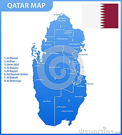 The detailed map of Qatar with regions or states and cities, capital. Administrative division Vector Illustration