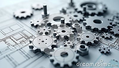 Detailed mechanical engineering drawing displays gears, machine parts arranged on blueprints. Precision design elements showcase Stock Photo