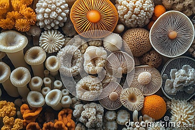 Detailed microscopic view of diverse fungi spores. Spores display various shapes, structures. Complex patterns, textures seen. Stock Photo