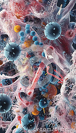 Detailed microscopic visualization of bacteria highlighting unique structures and interactions Stock Photo