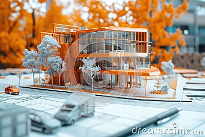 A detailed model of a building placed on top of a table, showcasing architectural design, Architectural design process through Stock Photo