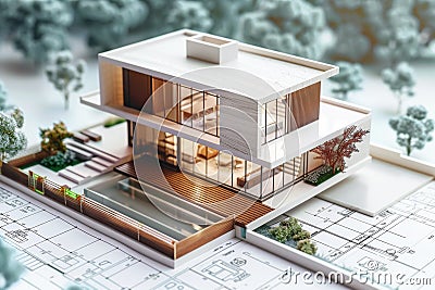 Detailed model of a modern house over its blueprints representing architectural development Stock Photo