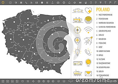 Detailed monochrome map of Poland, gray country territory with geographic borders and administrative divisions on white background Vector Illustration