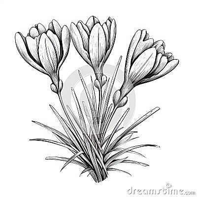 Detailed Monochrome Sketch Of Three Crocus Flowers Cartoon Illustration