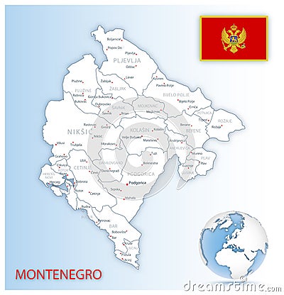 Detailed Montenegro administrative map with country flag and location on a blue globe Vector Illustration