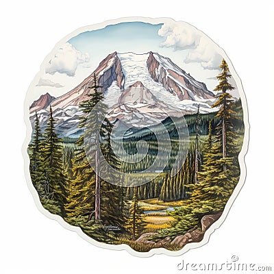 Detailed Mount Rainier Sticker: Tony Diterlizzi Inspired Landscape Art Cartoon Illustration