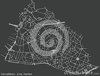 Dark negative street roads map of the Quartier DervalliÃ¨res - Zola district of Nantes, France Vector Illustration