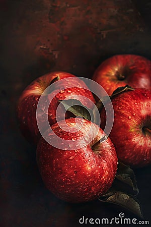 Three Red Apples With Leaves Painting Stock Photo