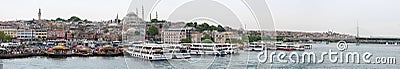 Panorama view of the embankment of the Asian side of Istanbul with ships, people, buildings and mosques, Turkey Editorial Stock Photo