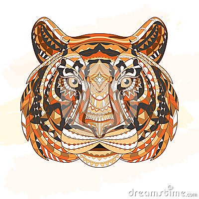 Detailed Patterned head of the tiger. African indian totem Ethnic tribal aztec design. On the grunge background. It may Vector Illustration