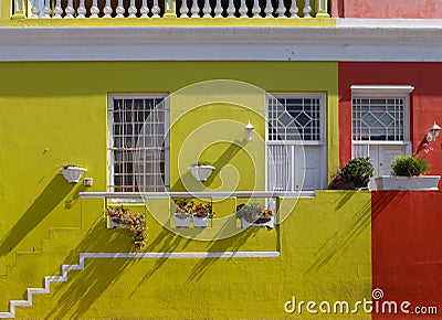 Detailed photo of houses in the Malay Quarter, Bo-Kaap, Cape Town, South Africa. Historical area of brightly painted houses Stock Photo