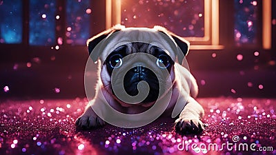detailed photograph of Closeup of a Pug puppy laying down and staring at the camera Stock Photo