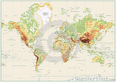 Detailed Physical World Map Isolated on Retro White Color Vector Illustration