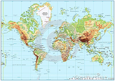 Detailed Physical World Map with labeling. No bathymetry Vector Illustration