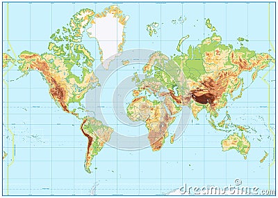 Detailed Physical World Map with no labeling Vector Illustration